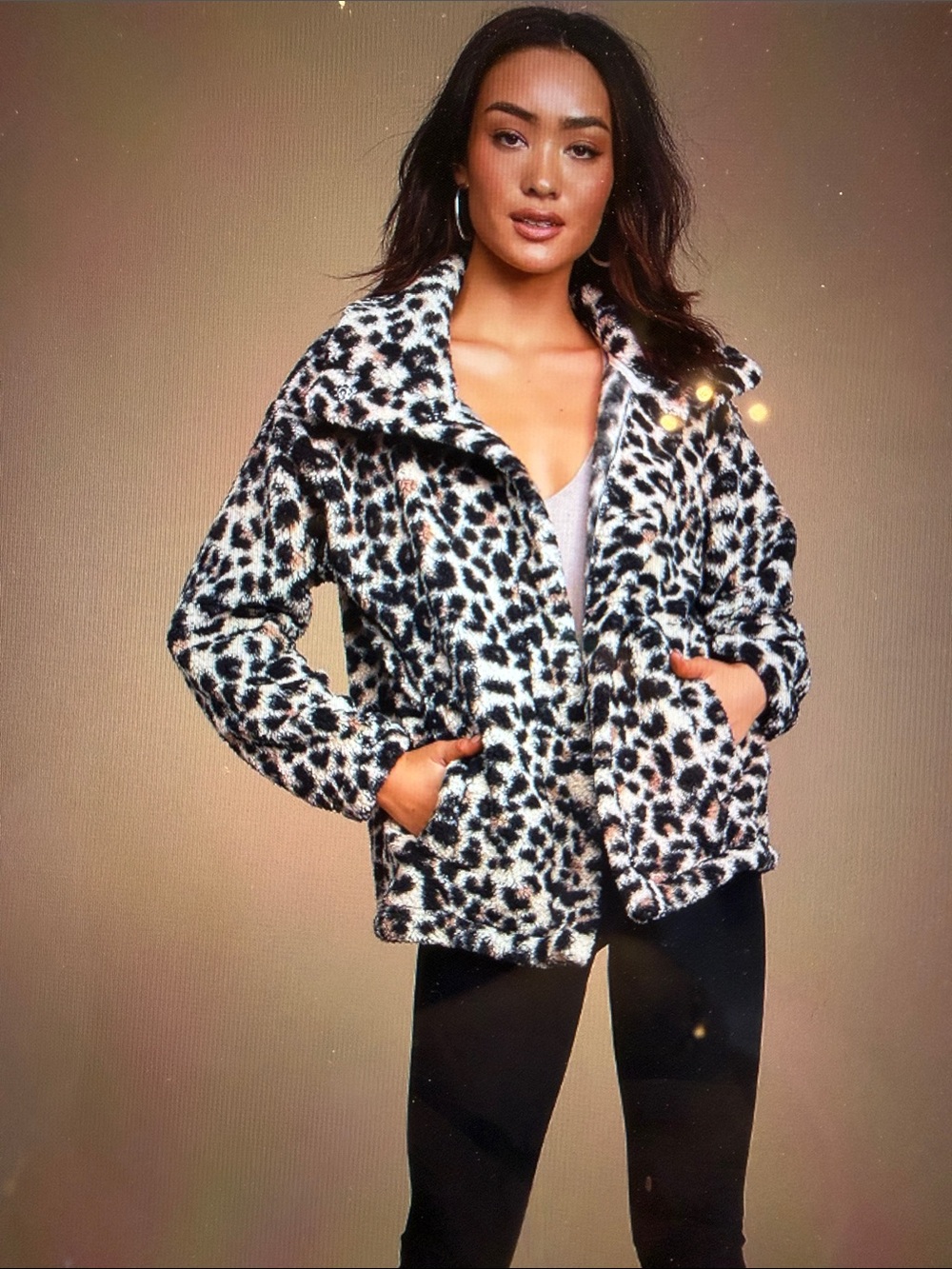 Billabong Leopard-Print Teddy Jacket in Black, Cream & Brown